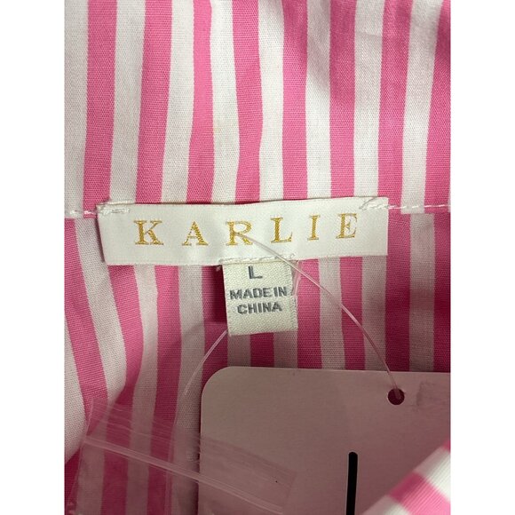 Pink & White Striped Ruffle Button-Down Blouse By Karlie Large Cotton Womens - Picture 5 of 10